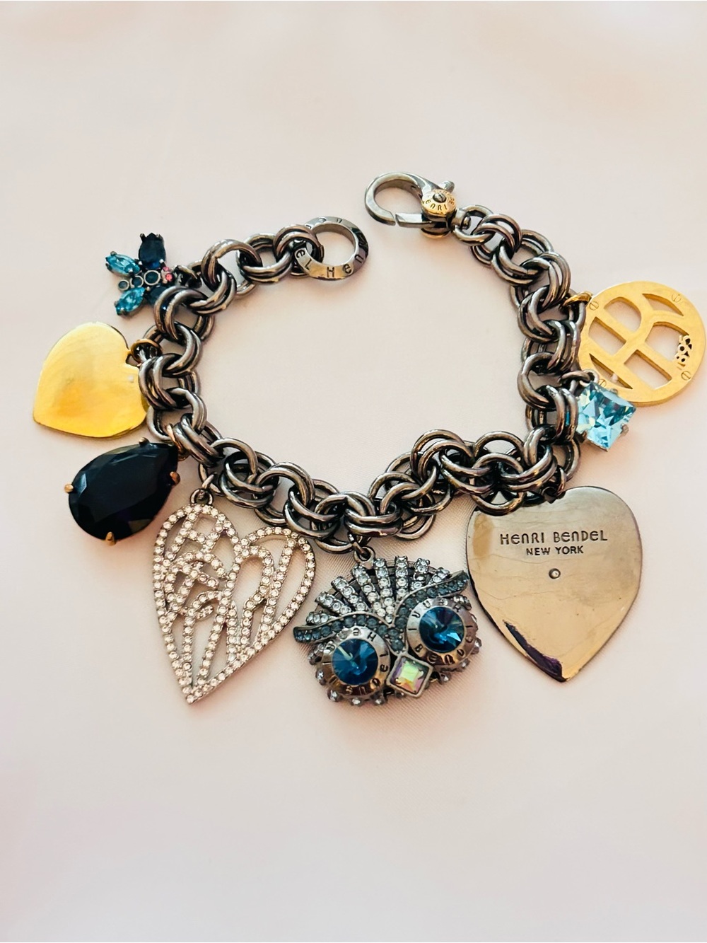 RARE Henri Bendel Bracelet with Owl, Heart, and Gemstone Charms